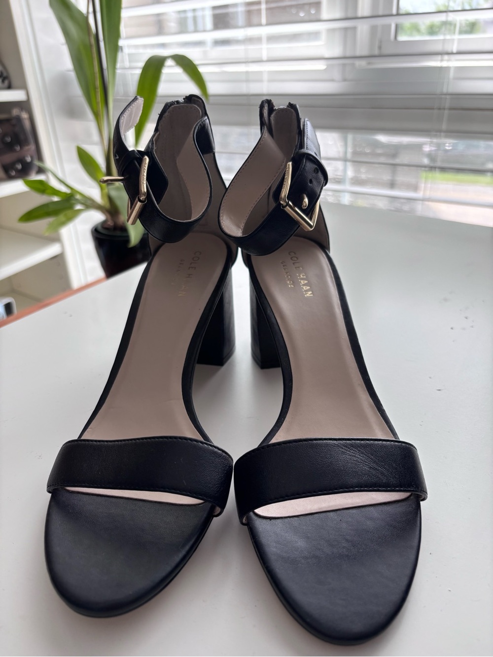 Cole Haan Black Leather Block Heel with Gold Buckle New Size 7M never worn